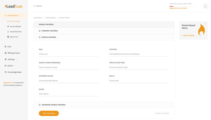 Screenshot of the LeadFuze web app with lead search functionality